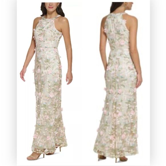 NWT Eliza J Women's Floral-Appliqué Halter Mermaid Gown Size 4 $348 - Picture 1 of 7